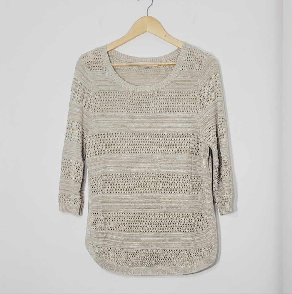 Alia Petite Knitted Neutral Cream Airy 3/4 Sleeves Scope Neckline Top Sz PetiteM